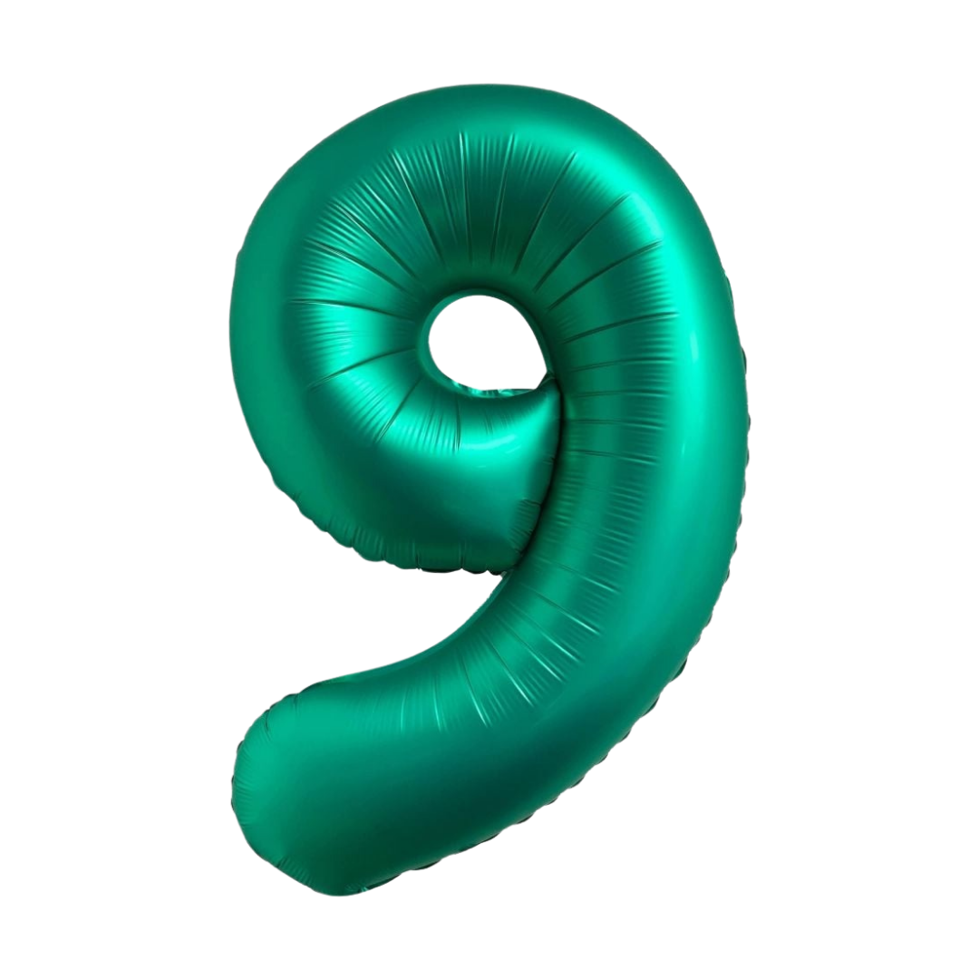 Chrome green 34in number 9 foil balloon for birthday parties – from Parte Haus party supply store in Bethesda, Maryland.