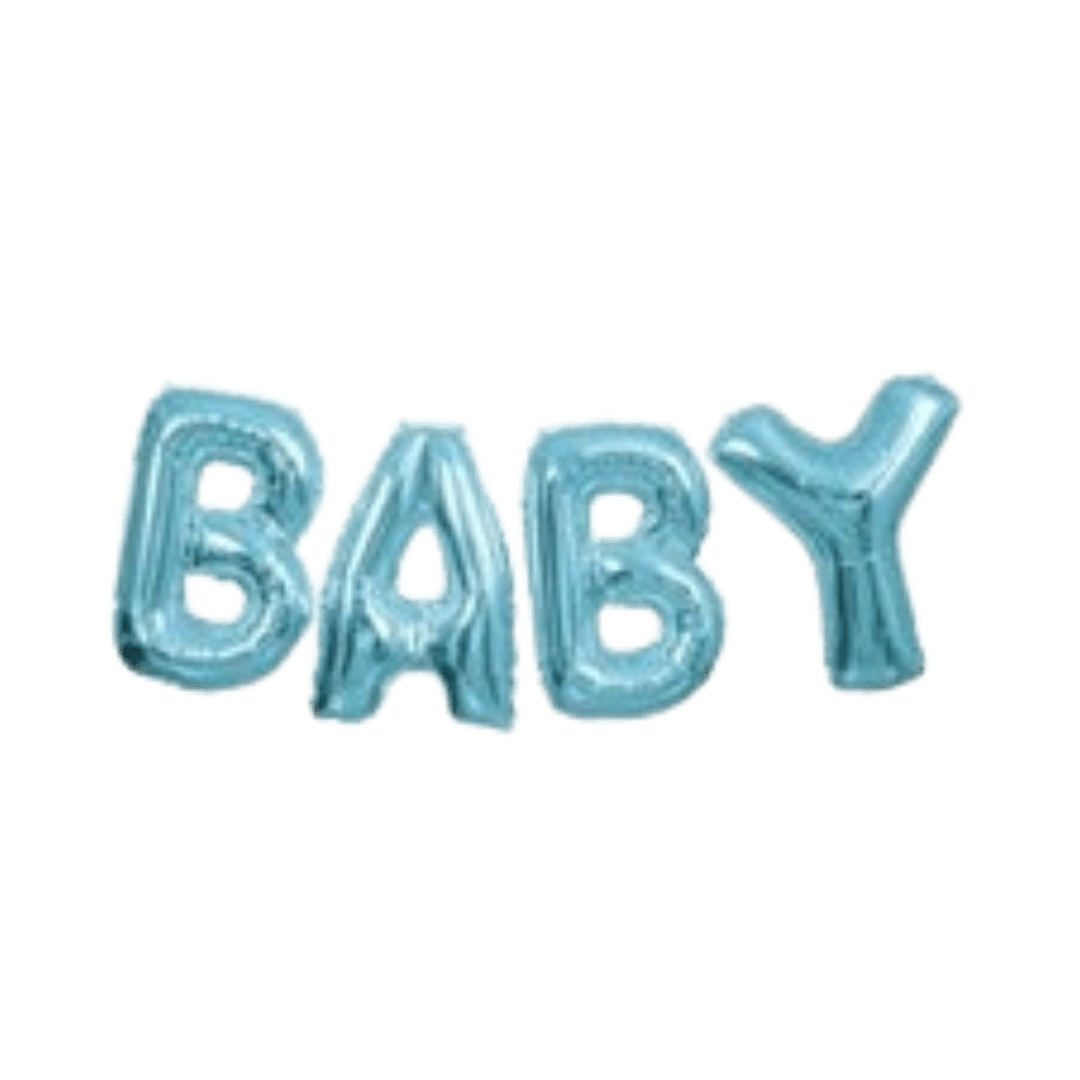 Blue letter balloon baby shower banner for baby shower theme from Parte Haus party supply store in Bethesda Maryland.