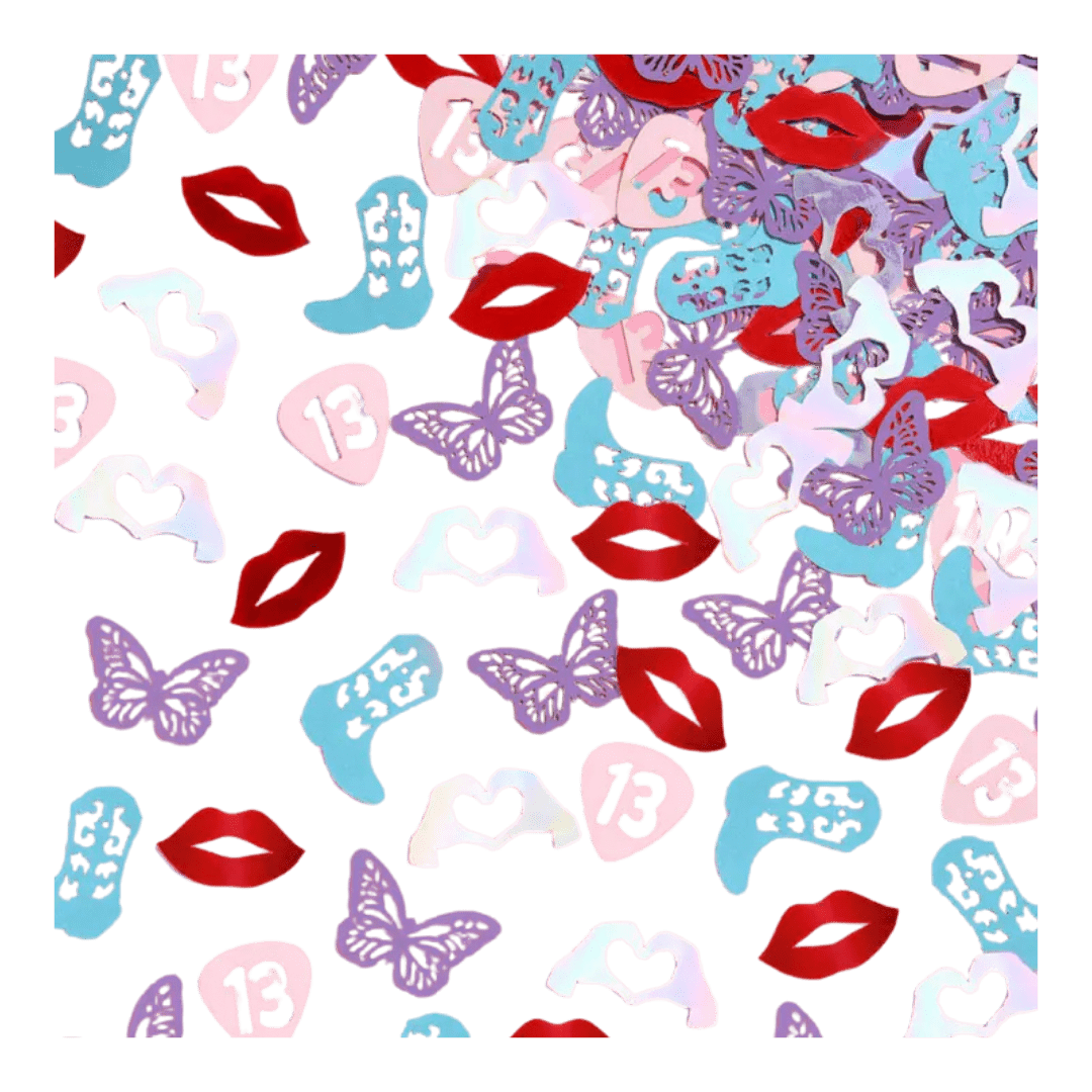Pink blue and purple confetti with lips boots butterflies and number 13 birthday theme from Parte Haus party supply store in Bethesda MD