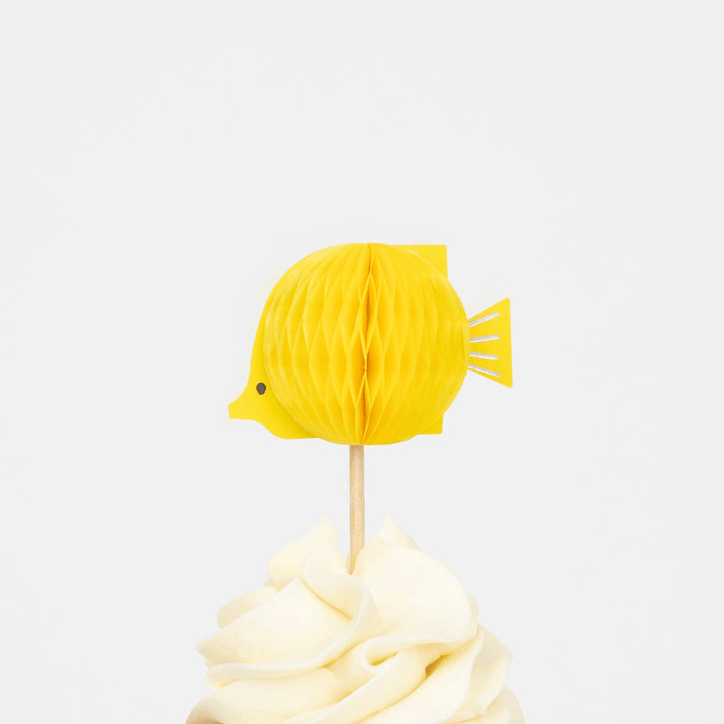 Yellow fish cupcake topper with honeycomb texture for ocean theme from Parte Haus party supply store in Bethesda MD.