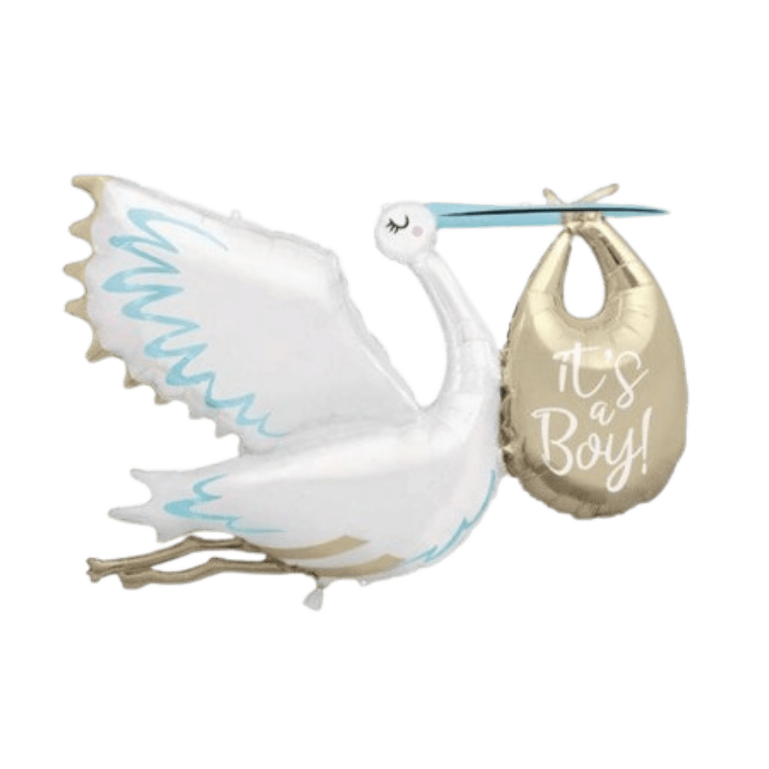 White blue stork balloon with gold It's a Boy accent for baby shower from Parte Haus party supply store in Bethesda MD