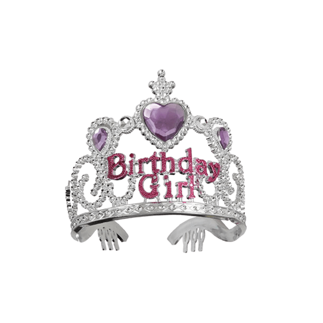 Purple birthday girl tiara with heart gems birthday theme from Parte Haus party supply store in Bethesda MD.