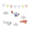 Multicolor airplane garland with clouds and bunting for kids birthday from Parte Haus party supply store in Bethesda Maryland