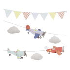 Multicolor airplane garland with clouds and bunting for kids birthday from Parte Haus party supply store in Bethesda Maryland