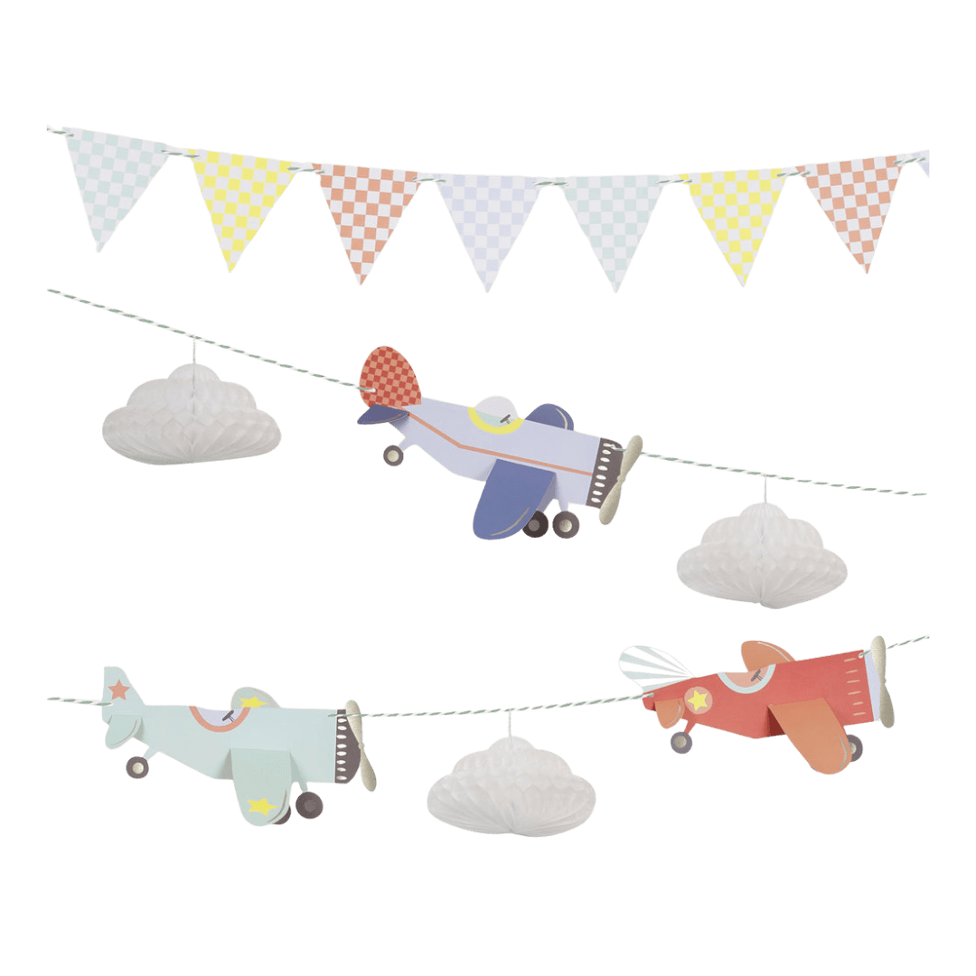 Multicolor airplane garland with clouds and bunting for kids birthday from Parte Haus party supply store in Bethesda Maryland