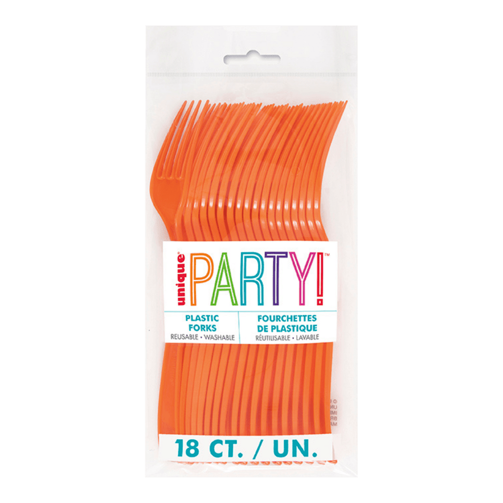 Orange plastic forks in clear packaging for birthday theme from Parte Haus party supply store in Bethesda MD