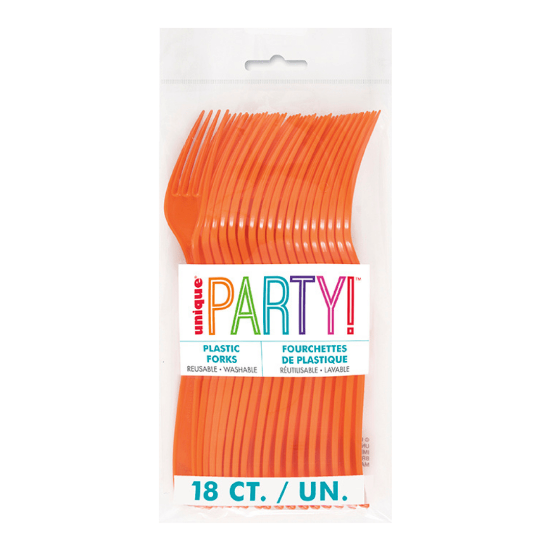 Orange plastic forks in clear packaging for birthday theme from Parte Haus party supply store in Bethesda MD