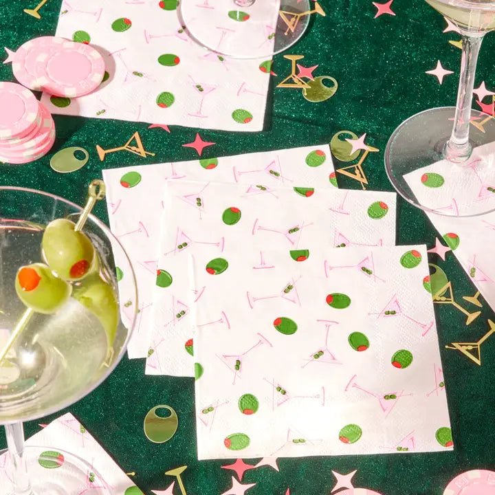 White cocktail napkins with olive and martini glass print for celebration theme from Parte Haus party supply store in Bethesda Maryland