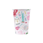 Multicolor paper cup with fun illustrated icons for celebration theme from Parte Haus party supply store in Bethesda MD
