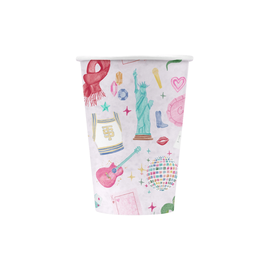 Multicolor paper cup with fun illustrated icons for celebration theme from Parte Haus party supply store in Bethesda MD