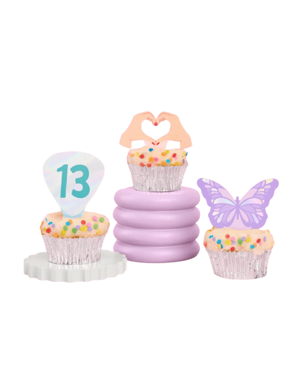 Multicolor cupcake toppers pastel butterfly number 13 heart shapes birthday theme from Parte Haus party supply store in Bethesda Maryland
