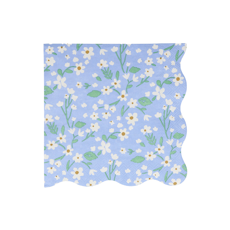 Blue floral napkin with white and yellow daisy print spring theme from Parte Haus party supply store in Bethesda MD