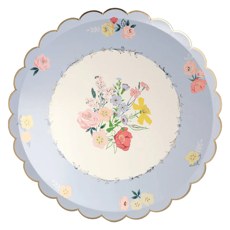 Pastel blue floral plate with scalloped edge spring theme from Parte Haus party supply store in Bethesda Maryland