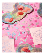 Holographic novelty plate and confetti bachelorette bridal shower decor from Parte Haus party supply store in Bethesda MD