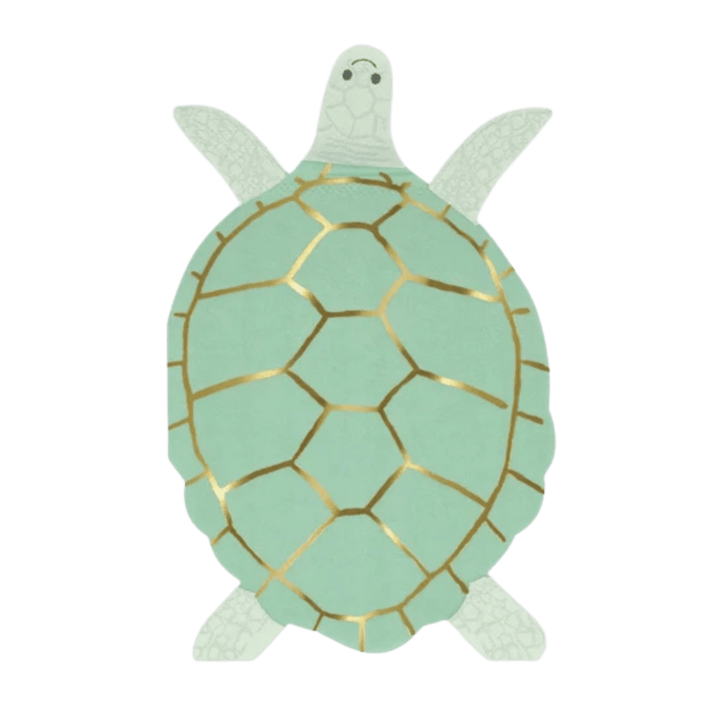 Mint green turtle shaped plate with gold shell accents ocean theme from Parte Haus party supply store in Bethesda MD.