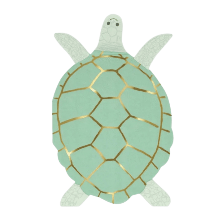 Mint green turtle shaped plate with gold shell accents ocean theme from Parte Haus party supply store in Bethesda MD.
