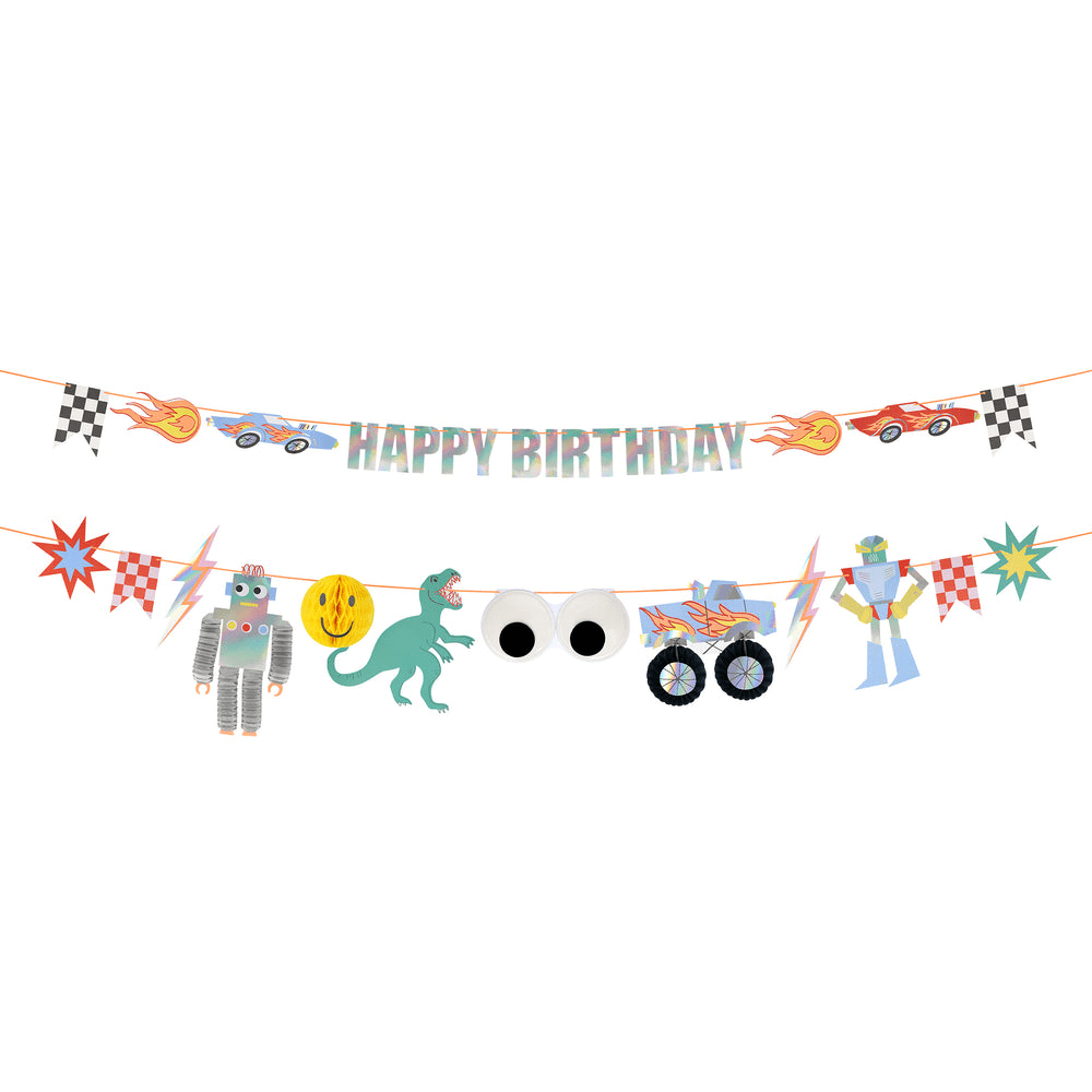 Colorful birthday banner with robots dinosaurs monster trucks and race cars for birthday from Parte Haus party supply store in Bethesda MD