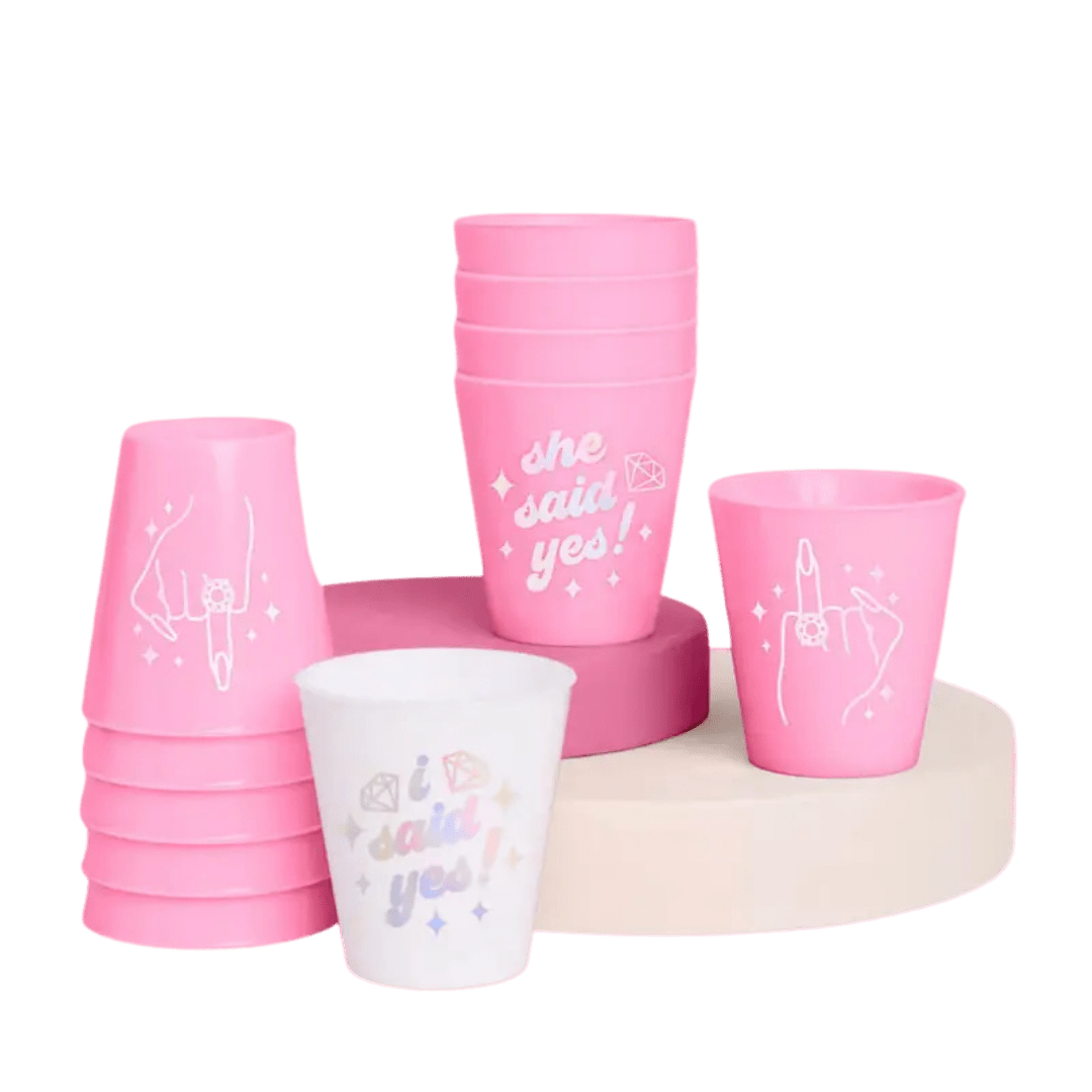 Pink and white engagement cups with she said yes designs bridal shower from Parte Haus party supply store in Bethesda MD