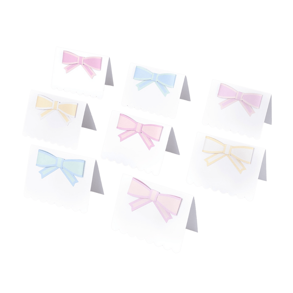 Pastel bow place cards with scalloped edges baby shower theme from Parte Haus party supply store in Bethesda Maryland