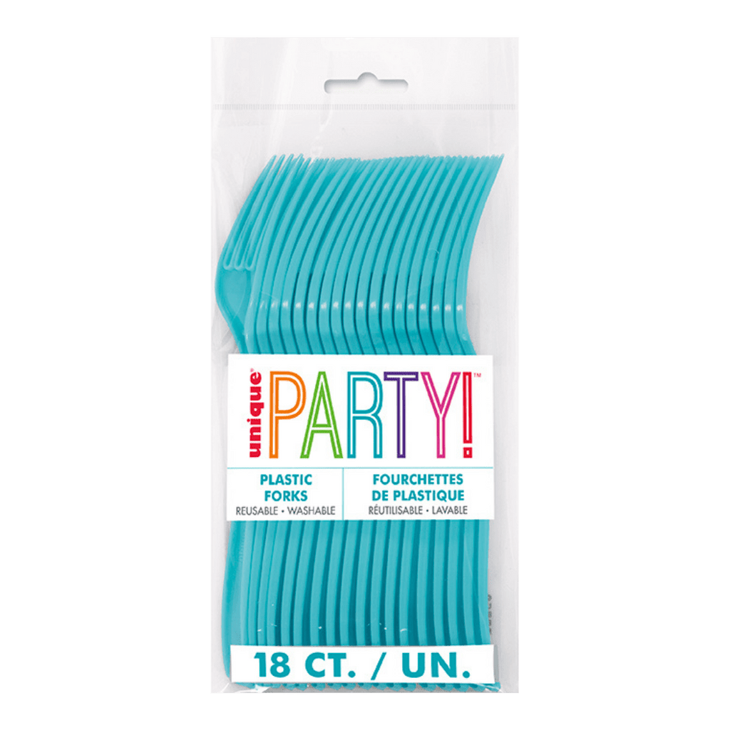 Aqua blue plastic forks in a clear package for birthday party from Parte Haus party supply store in Bethesda MD