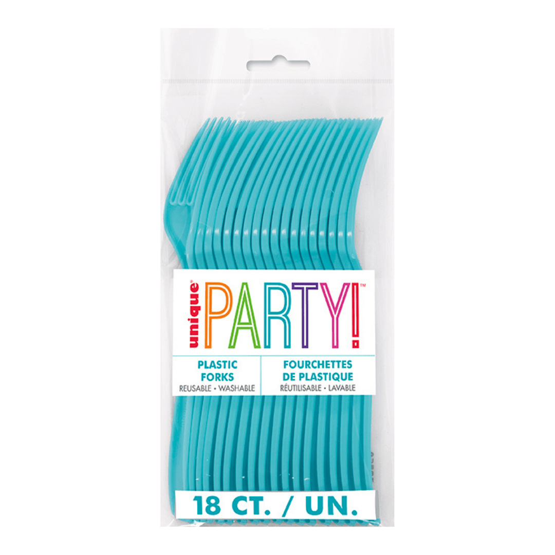 Aqua blue plastic forks in a clear package for birthday party from Parte Haus party supply store in Bethesda MD