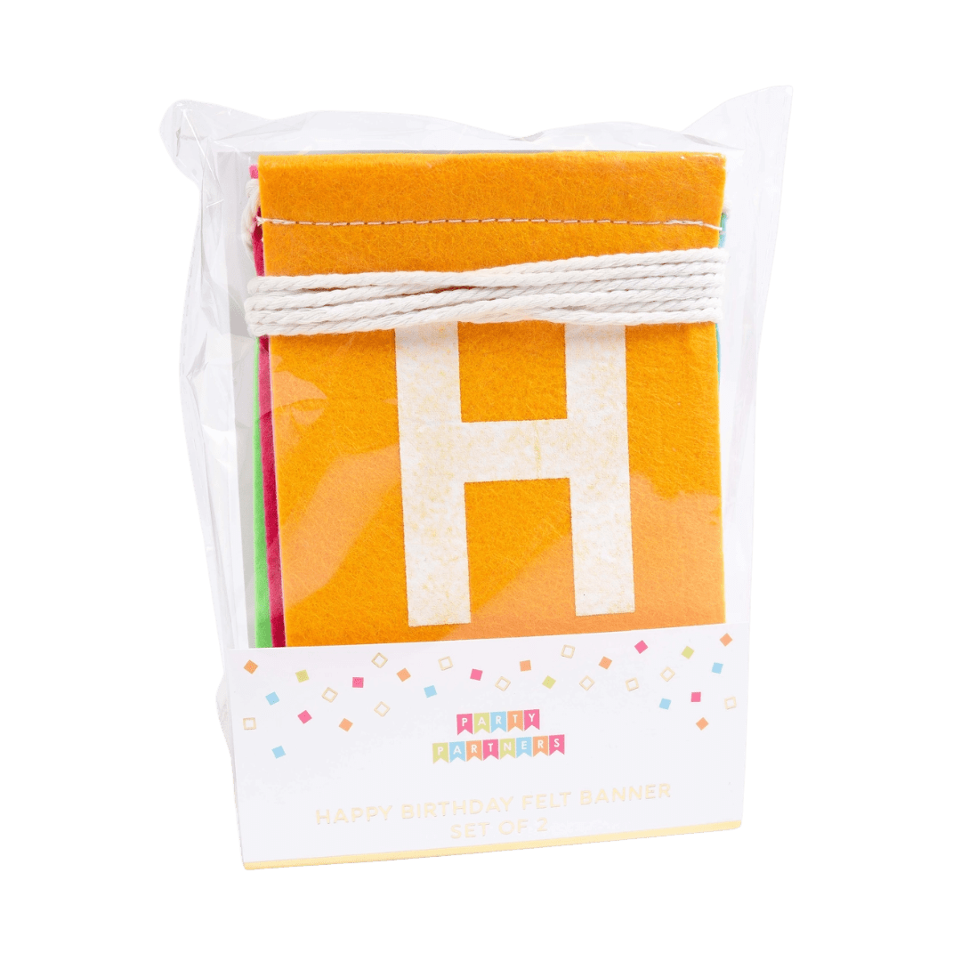 Yellow felt birthday banner with white letter H for birthday from Parte Haus party supply store in Bethesda MD
