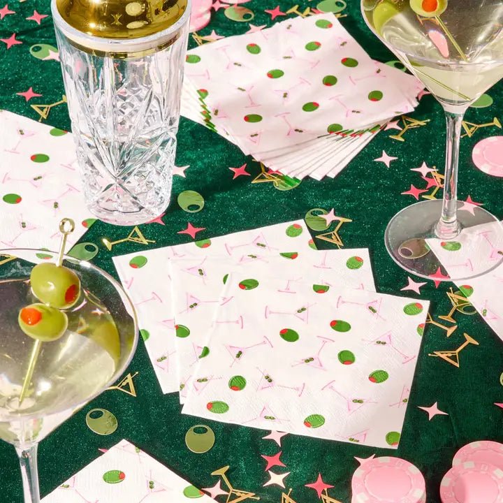 Pink and green cocktail napkins with martini and olive print cocktail party theme from Parte Haus party supply store in Bethesda MD