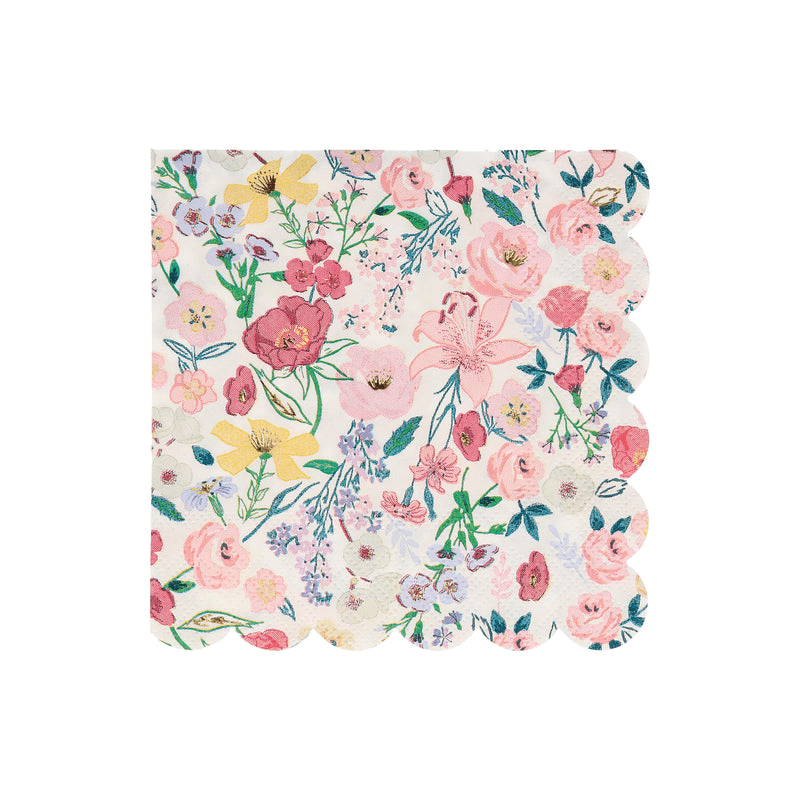 Pink floral napkin with scalloped edge for spring celebrations from Parte Haus party supply store in Bethesda MD