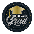 Black and gold round graduation paper plate with cap and stars graduation theme from Parte Haus party supply store in Bethesda MD.