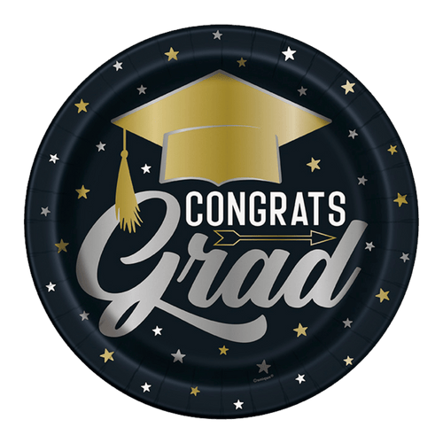 Black and gold round graduation paper plate with cap and stars graduation theme from Parte Haus party supply store in Bethesda MD.
