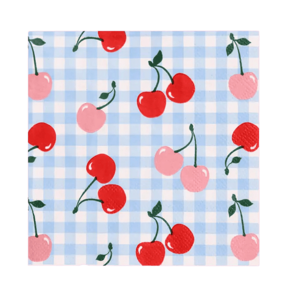 Blue gingham napkin with red and pink cherries summer picnic theme from Parte Haus party supply store in Bethesda Maryland