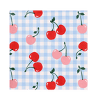 Blue gingham napkin with red and pink cherries summer picnic theme from Parte Haus party supply store in Bethesda Maryland