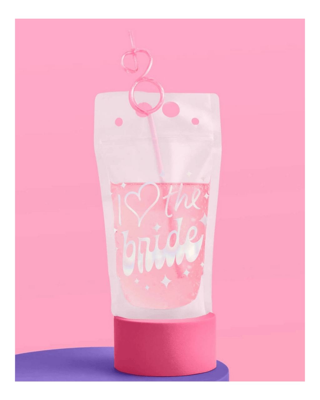 Pink bachelorette pouch with heart straw bridal shower theme from Parte Haus party supply store in Bethesda Maryland