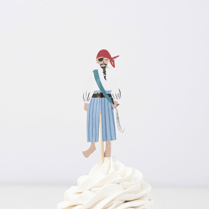 Blue pirate cupcake topper with red bandana for pirate birthday from Parte Haus party supply store in Bethesda Maryland