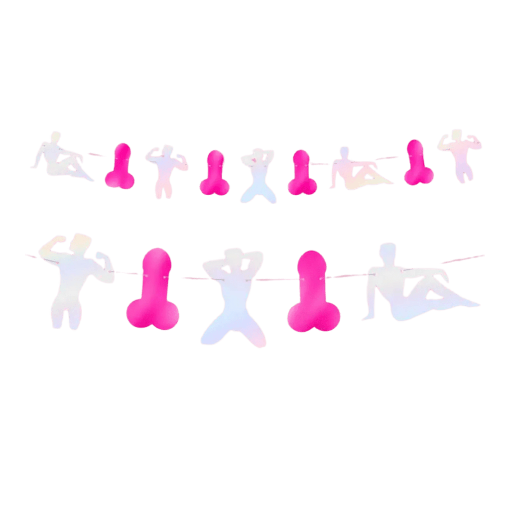 Pink and white bachelorette garland with playful adult shapes from Parte Haus party supply store in Bethesda MD