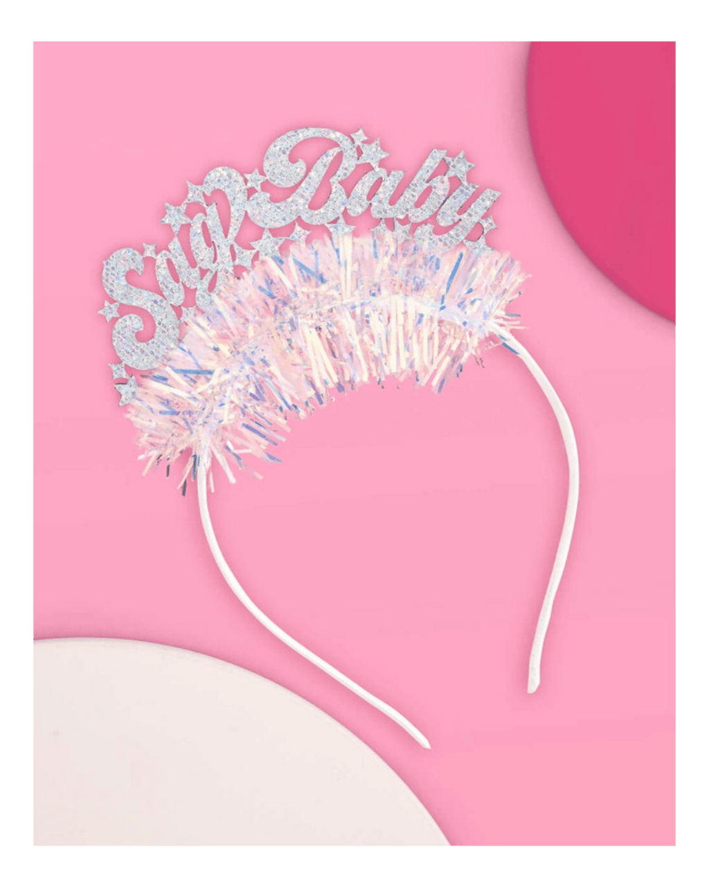 Silver glitter tiara headband with Say Baby text for baby shower from Parte Haus party supply store in Bethesda MD