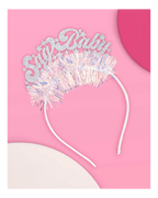 Silver glitter tiara headband with Say Baby text for baby shower from Parte Haus party supply store in Bethesda MD