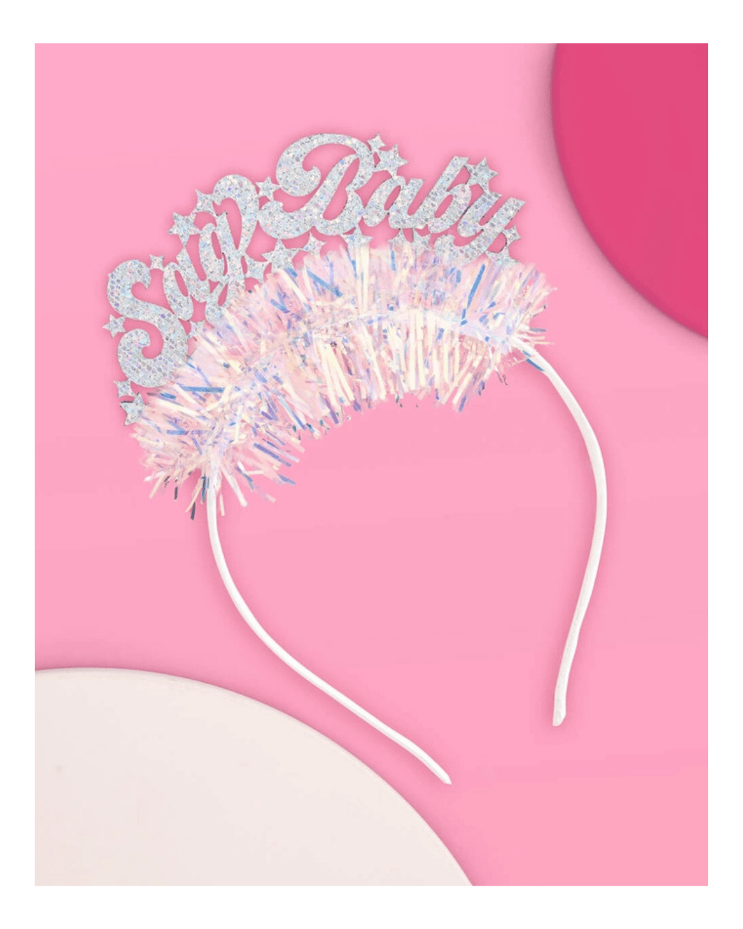 Silver glitter tiara headband with Say Baby text for baby shower from Parte Haus party supply store in Bethesda MD