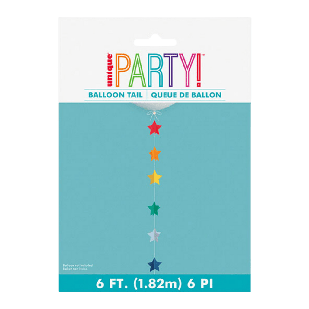 Rainbow star balloon tail colorful hanging stars for birthday celebration from Parte Haus party supply store in Bethesda, MD.