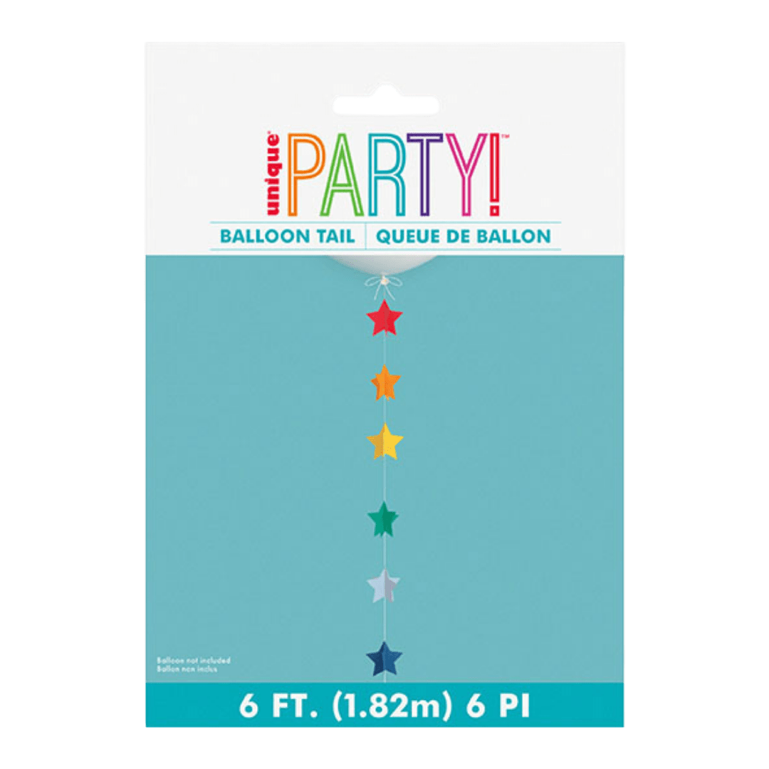 Rainbow star balloon tail colorful hanging stars for birthday celebration from Parte Haus party supply store in Bethesda, MD.