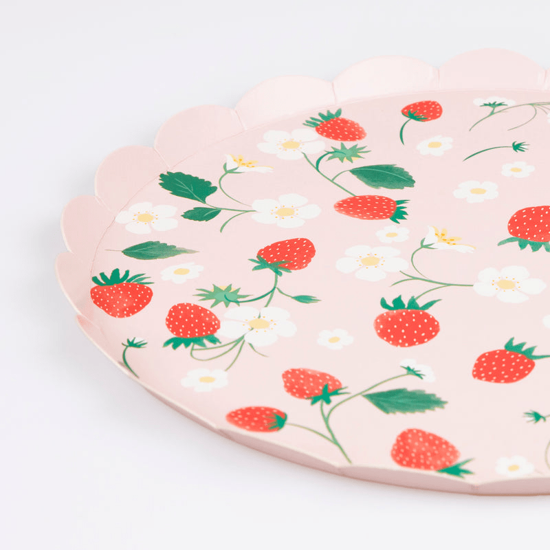 Pink strawberry floral paper plate with scalloped edge birthday theme from Parte Haus party supply store in Bethesda MD