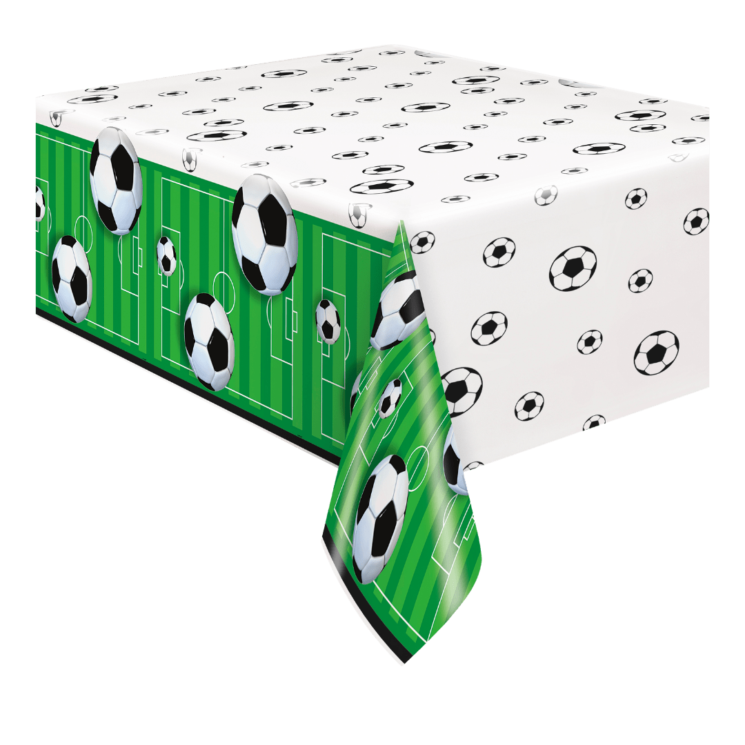 green and white soccer table cover with soccer ball and field design sports theme from Parte Haus party supply store in Bethesda MD