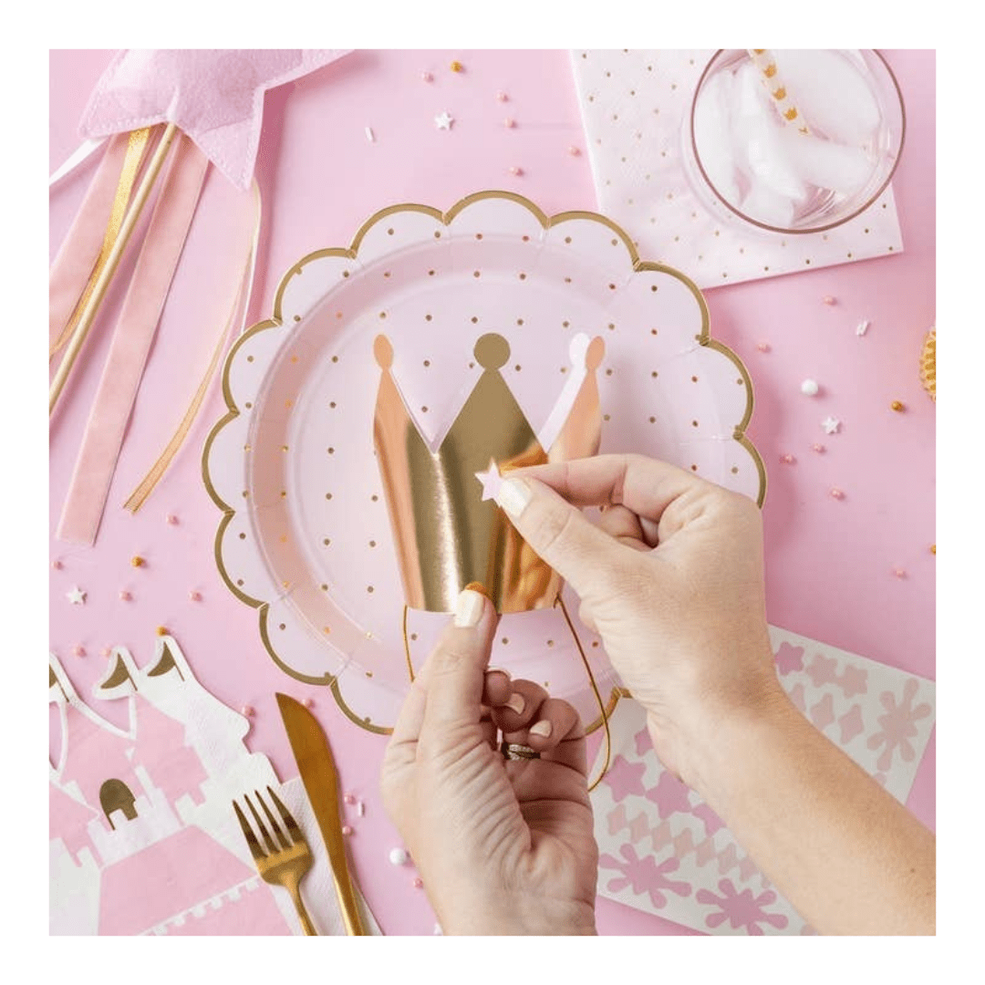 Pink and gold princess crown plate with castle and wand birthday theme from Parte Haus party supply store in Bethesda MD