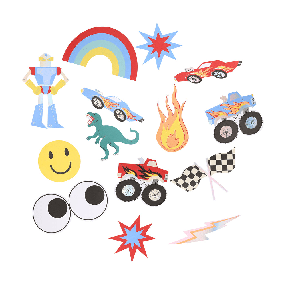 Colorful cutout decorations with race cars dino and smiley face for kids birthday from Parte Haus party supply store in Bethesda MD
