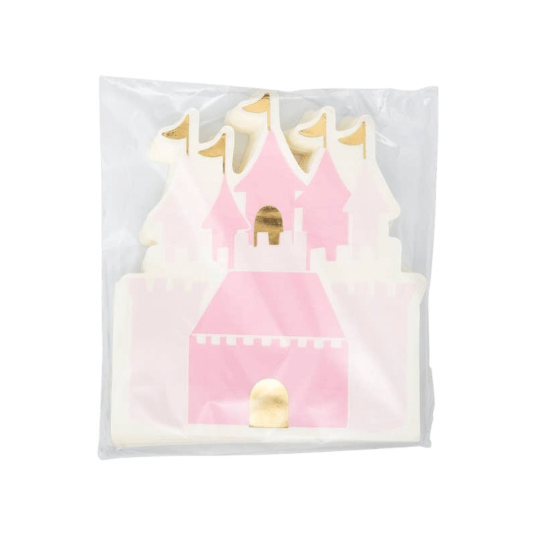 Pink castle shaped napkin with gold accents princess theme from Parte Haus party supply store in Bethesda MD