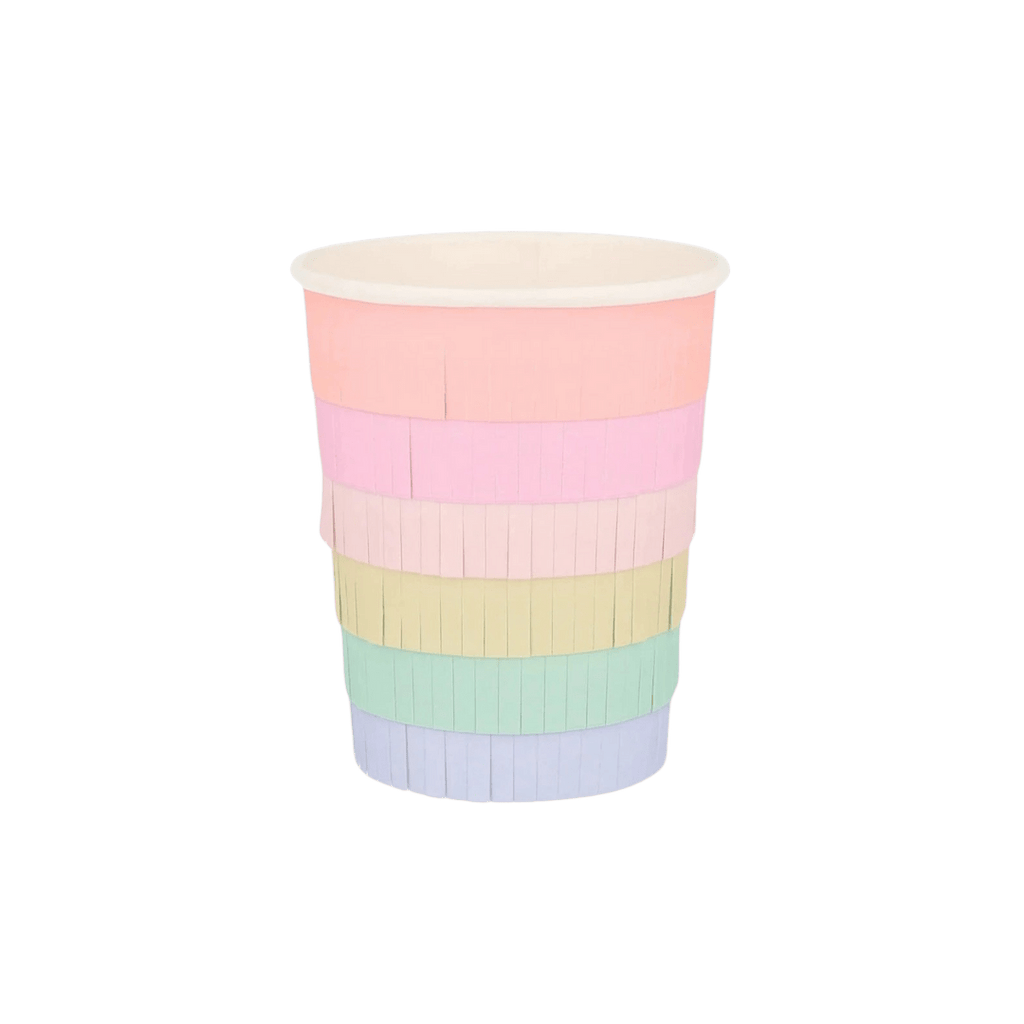Pastel rainbow paper cup with fringe for birthday from Parte Haus party supply store in Bethesda Maryland