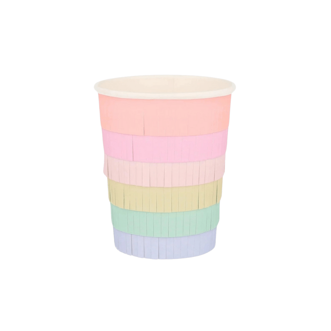 Pastel rainbow paper cup with fringe for birthday from Parte Haus party supply store in Bethesda Maryland