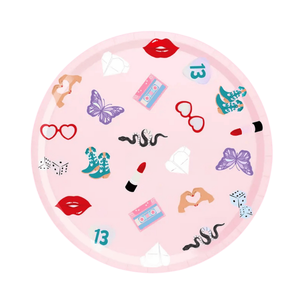 Pink birthday plate with lips cassette tape boots butterflies and hearts from Parte Haus party supply store in Bethesda Maryland