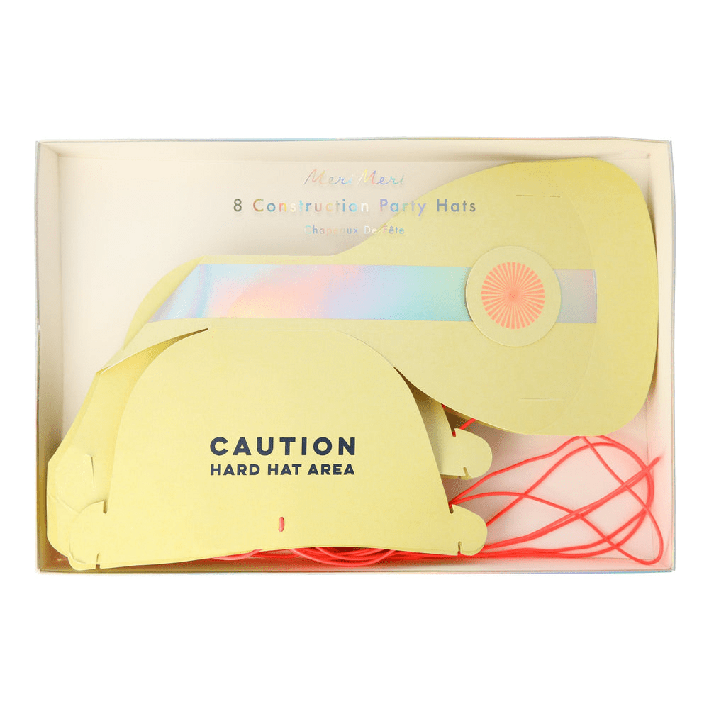 Yellow construction hat paper hats with caution text for construction birthday theme from Parte Haus party supply store in Bethesda Maryland