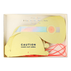 Yellow construction hat paper hats with caution text for construction birthday theme from Parte Haus party supply store in Bethesda Maryland